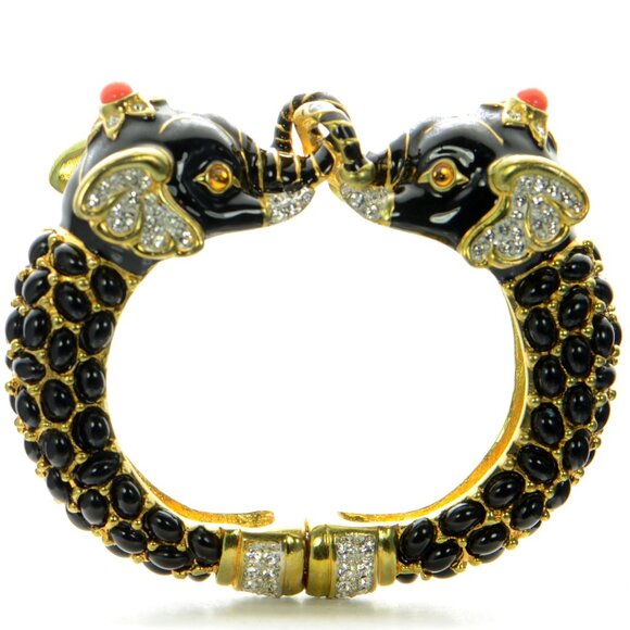 Kenneth Jay Lane KJL Black Cabochon Crystal Elephant Cuff Bracelet - Picture 1 of 7